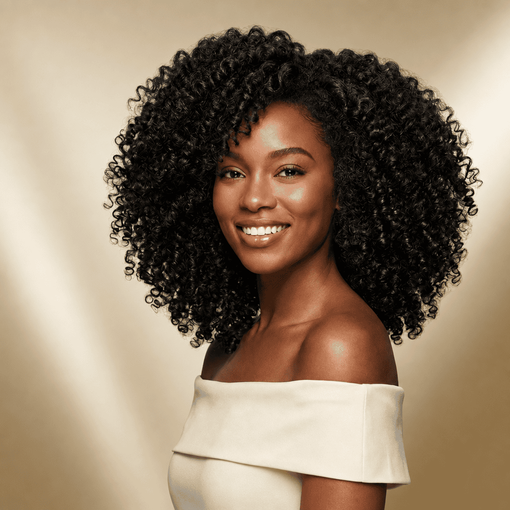 Mulher com cabelo cacheado e sorriso, estilo natural, Studio Dela´s.