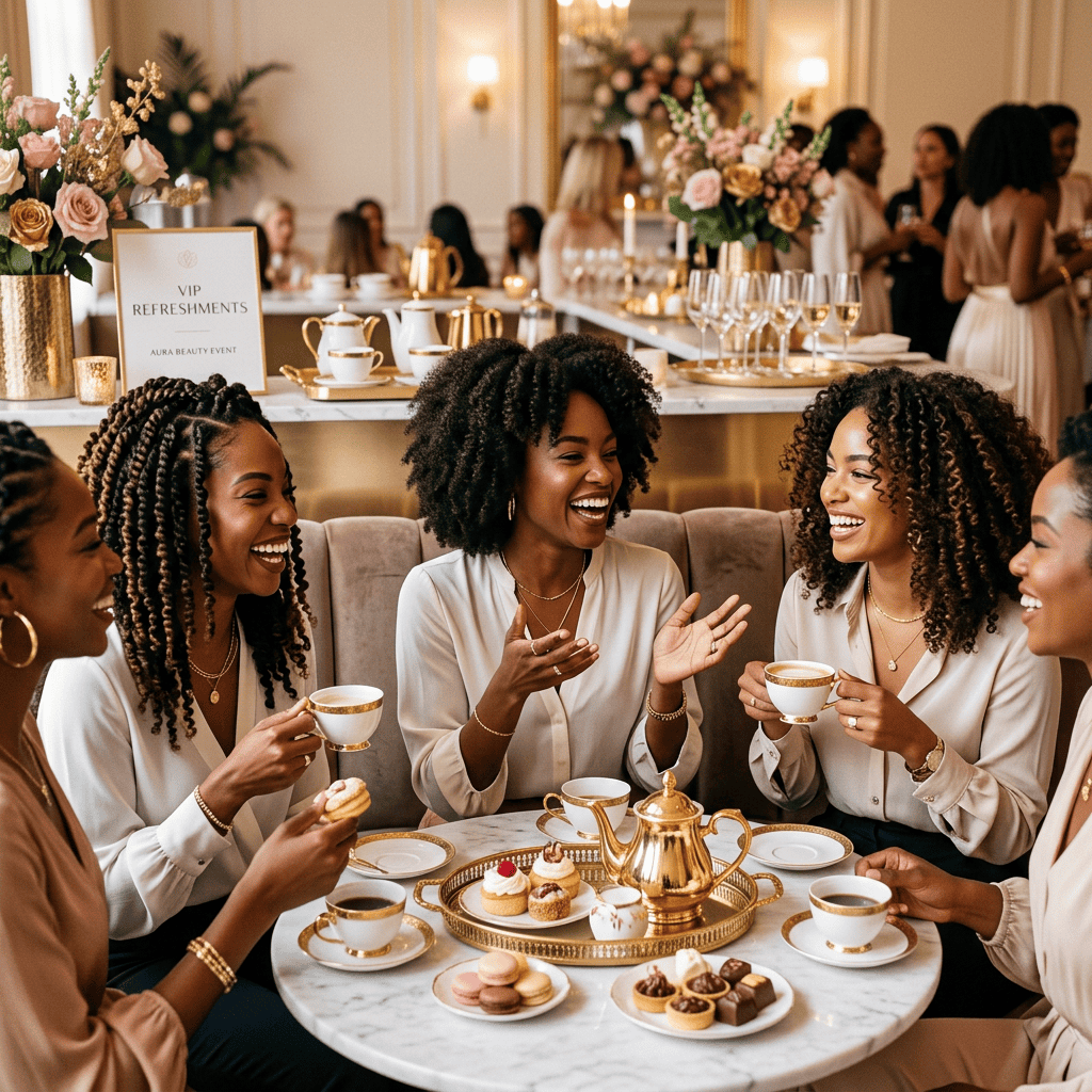 Mulheres sorridentes em um chá da tarde elegante com doces e chá.